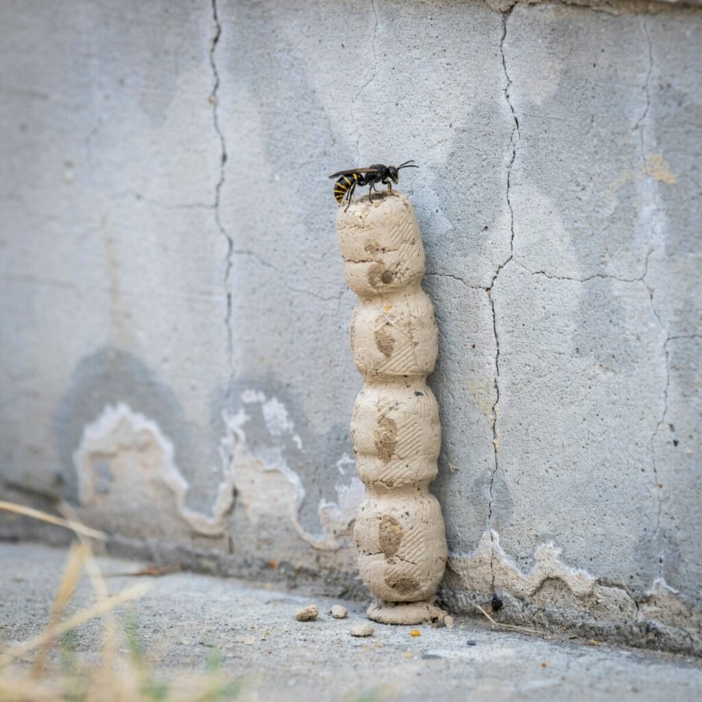 A thick, brown termite mud tube traveling vertically up a gray concrete foundation wall toward a wooden sill plate