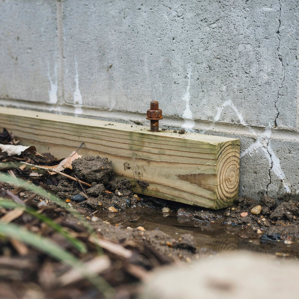 A wooden deck stair resting directly on soil and mulch next to a house's siding, showing a high-risk pest entry point