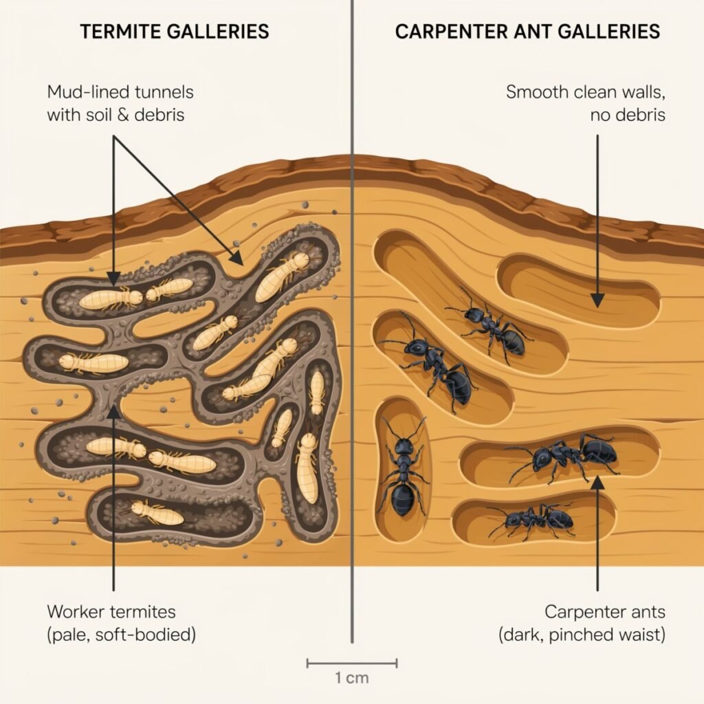 Cross-section of wood showing the smooth, clean tunnels of carpenter ants next to the soil-packed, rough honeycomb galleries of termites.