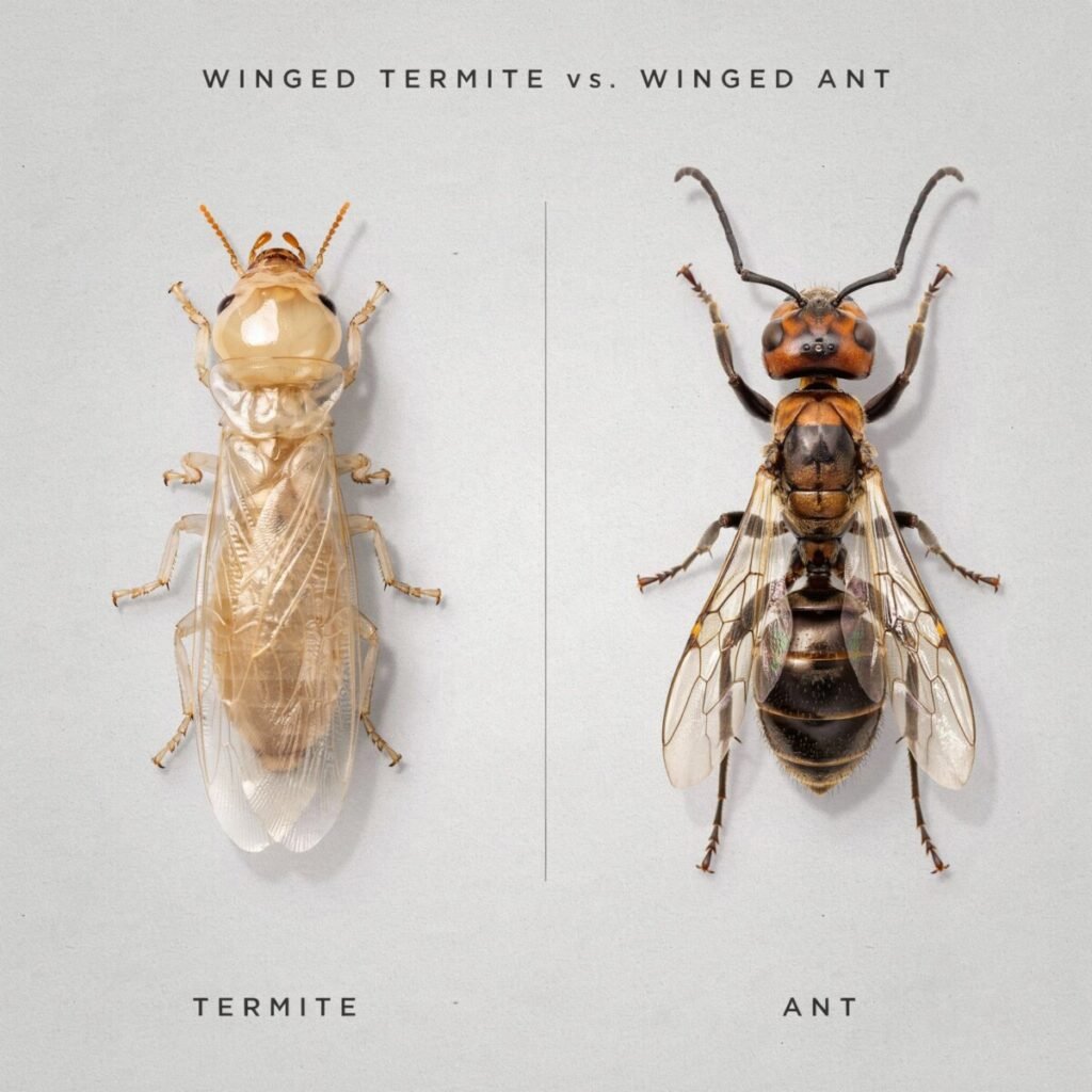 Side-by-side comparison showing the pinched waist and unequal wings of a carpenter ant swarmer versus the straight body and equal-length wings of a termite alate.