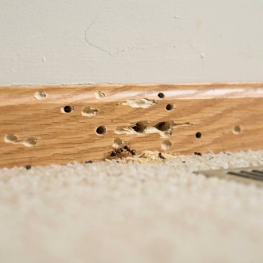 carpenter ant on wood showing frass pile